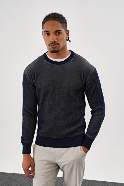odelon Men's Regular Fit Vanize Knitted Cotton Crew Neck Navy Blue Knitwear Sweater