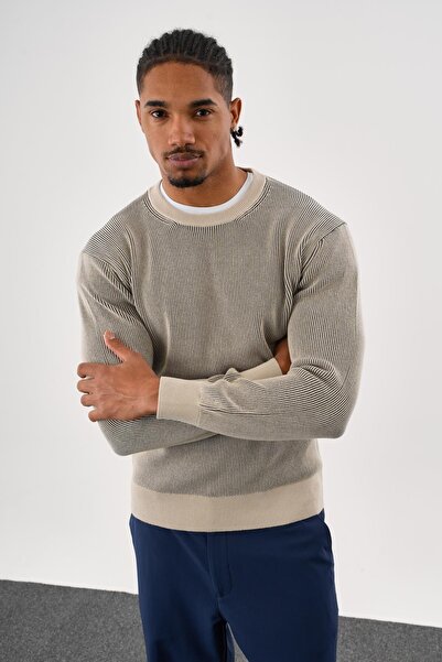 odelon Men's Regular Fit Vanize Knitted Cotton Crew Neck Stone Knitwear Sweater