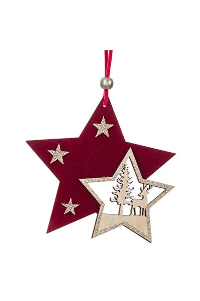 ANTBRO ® Ornament de Crăciun din lemn - stea vișinie din catifea cu sclipici ...