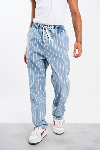 Denim Republic Men's Ice Blue Striped Loose Pants Gabardine