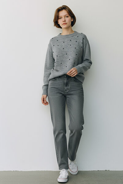NEWCO Comfortable Fit Gray Knit Sweater – Beaded Embellishments, Soft Texture, Stylish Casual Style
