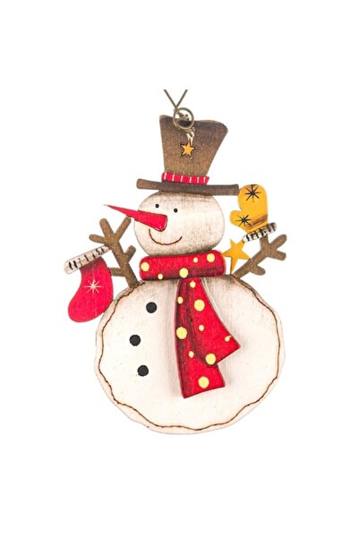 OEM Ornament de Crăciun în formă de om de zăpadă, din lemn, multicolor, 7,15 cm