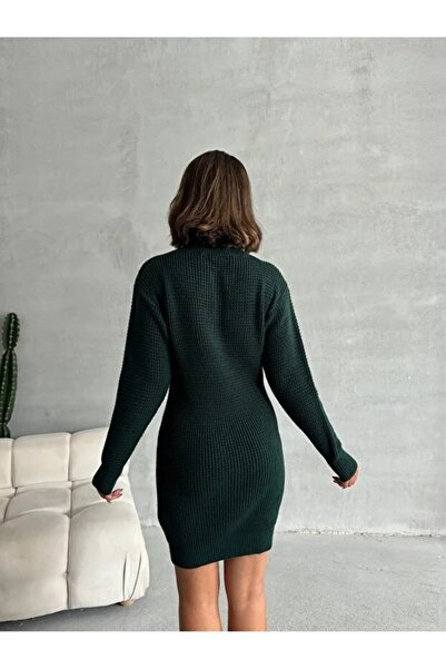 TRQOM Kadın Triko Koyu Yeşil Elbise Bisiklet Yaka Uzun Kollu Mini Kemersiz