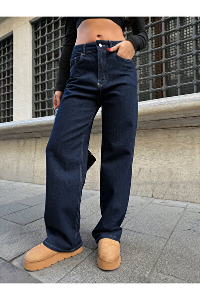 asfamoda Γυναικείο μονόχρωμο μπλε τζιν παντελόνι με ψηλόμεσο κορδόνι, φαρδύ κ...