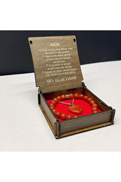 VURAL BİJUTERİ Özel Ahşap Kutulu Kırmızı Akik Taşı Bileklik Kolye Seti