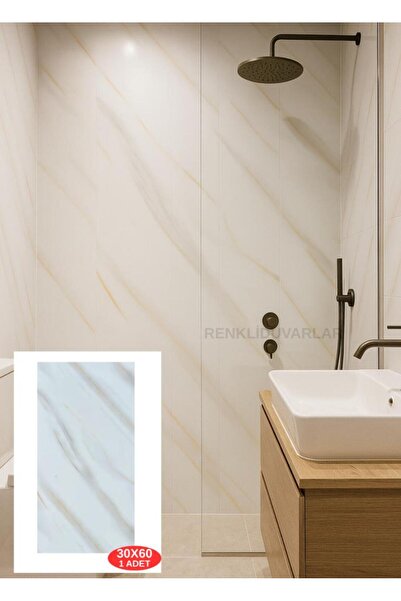 Renkli Duvarlar 60x30cm Shiny Krem-Toprak Mermer Desenli Yapışkanlı Mutfak Banyo Kaplama Duvar Paneli Kağıdı TX-106