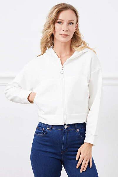Genel Markalar Kadın Krem Rahat Kısa Kapşonlu Cepli Fermuarlı Crop Ceket