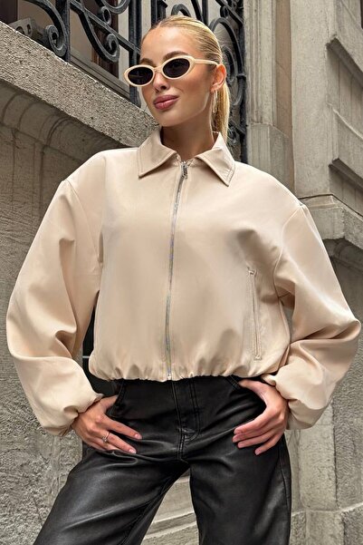 VAGGON Women's Beige Shirt Collar Bomber Jacket with Elastic Waist and Sleeves Vs01394