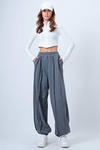 VAGGON Women's Anthracite Stitching Detailed Jogger Pants with Elasticated Legs Prmx14664