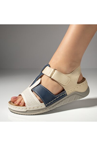BMoD Women's beige and blue perforated sandals with velcro closure MOD13107