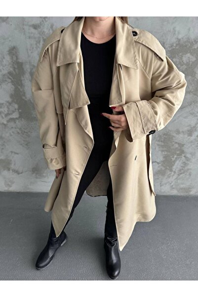 Stil Sepeti Kadın Bej Leopar Detaylı Çift Cepli Oversize Trençkot TL-100020134