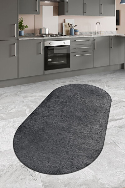 dekozer Azra Oval Antrasit Halı | Yıkanabilir, Kaymaz Taban, Yumuşak Dokulu Antre ve Mutfak Kilimi