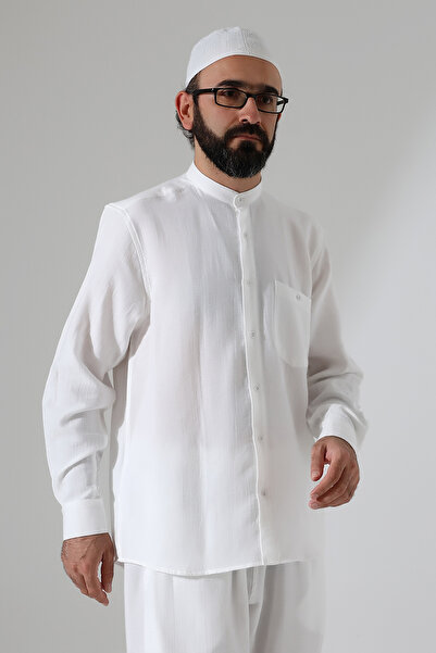 ihvan online Erkek Müslin Hakim Yaka Uzun Kollu Düğmeli Gömlek, Hac Umre Kıya...