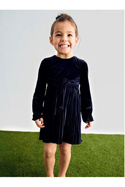 Abel & Lula Abel Lula Girls' Pleated Velvet Dress - Navy Blue