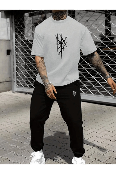 LAVİTTA Ripped Effect Graphic Sports Men's T-Shirt and Bottom Set