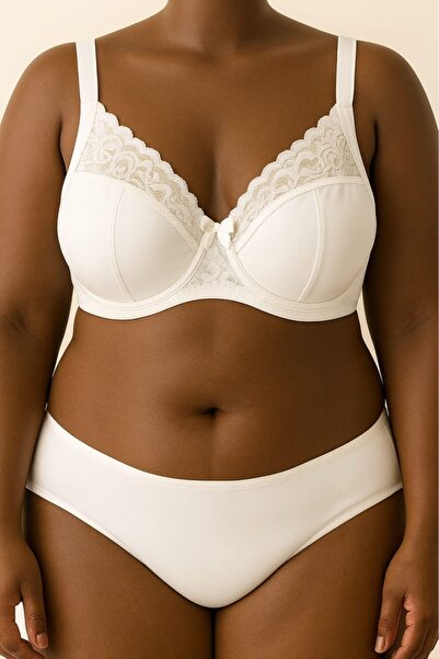 enmodaiçgiyim Білий бюстгальтер великого розміру з балеринами та мереживом – повне покриття, висока підтримка, широкі бретелі