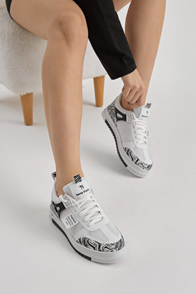 Tonny Black Unisex Beyaz Siyah Termo Taban Desenli Fileli Bağcıklı Spor Ayakkabı