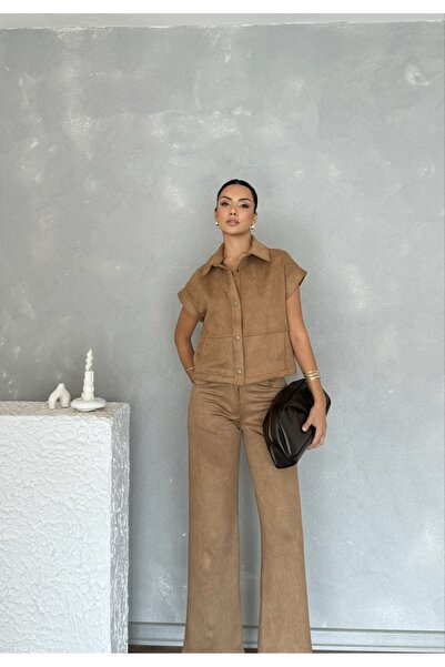 Nesil Women's Suede Suit with Vest and Pants