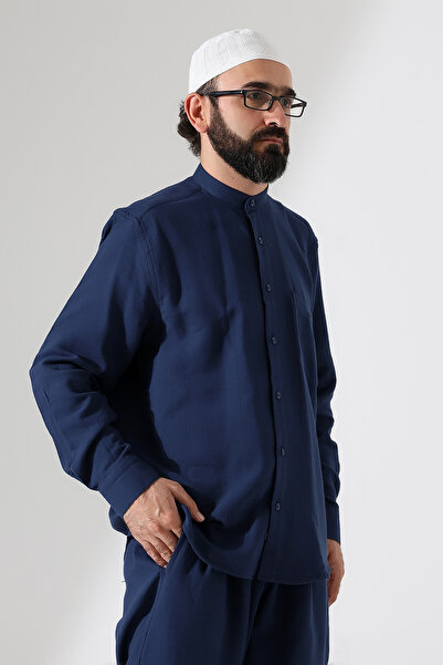 ihvan online Мъжка муселинова риза с дълги ръкави и изправен яка, облекло за хадж и умра - тъмносиньо (ANS)