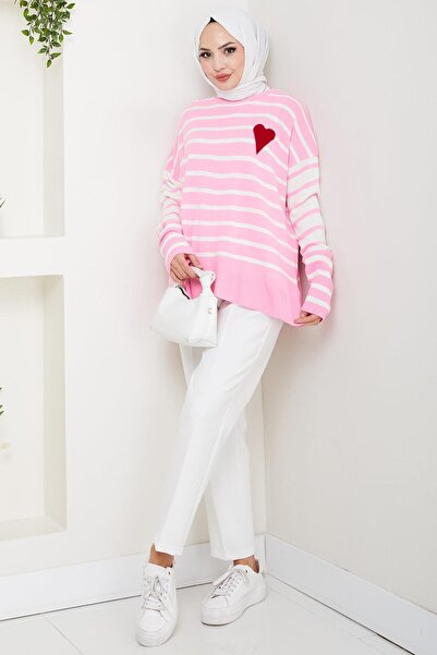 hafsamina Kalp Aplikeli Çizgili Kazak Pembe HM2617