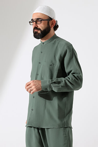 ihvan online Мъжка муселинова риза с дълги ръкави и яка, облекло за хадж и умра - зелена (ANS)