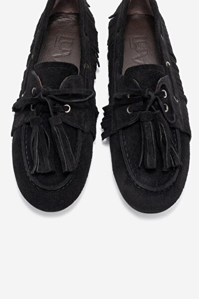 LuviShoes Fenora Black Suede Genuine Leather Fringed Tassel Women Loafer Shoes