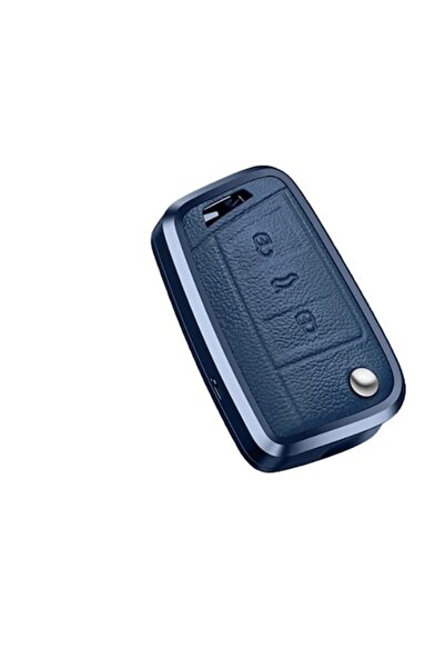 OEM Blue aluminum and leather car key case, knife type, for VW Golf 7, Tiguan MK2, Seat, Skoda