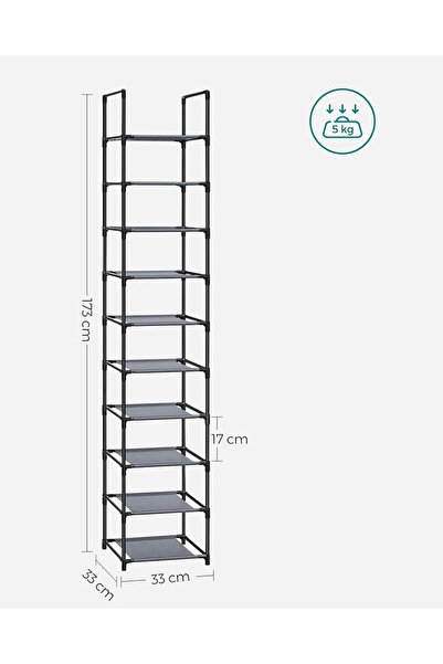 SONGMICS Ayakkabı rafı 10 raf 33x33x173cm dokunmamış kumaş raflar gri LSR110G01