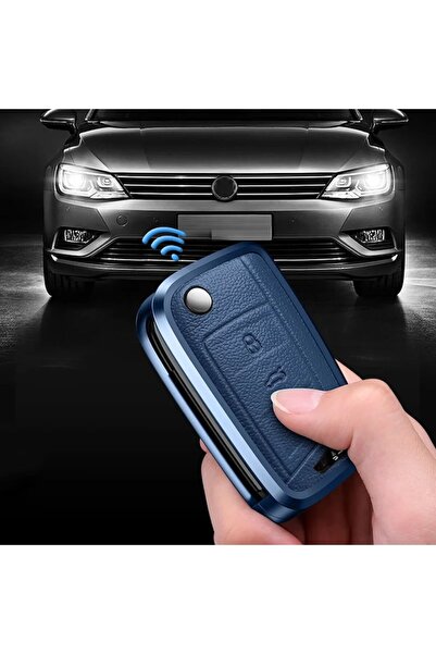 OEM Blue aluminum and leather car key case, knife type, for VW Golf 7, Tiguan MK2, Seat, Skoda