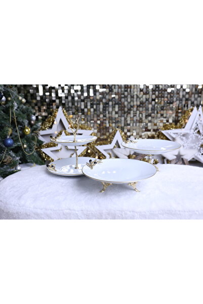 nevrin home collection "3 Parça Metal Ayaklı Porselen Pasta Sunumluk Kurabiye...