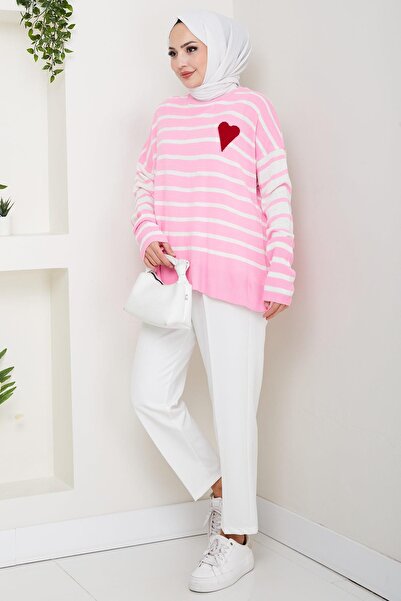 hafsamina Kalp Aplikeli Çizgili Kazak Pembe HM2617