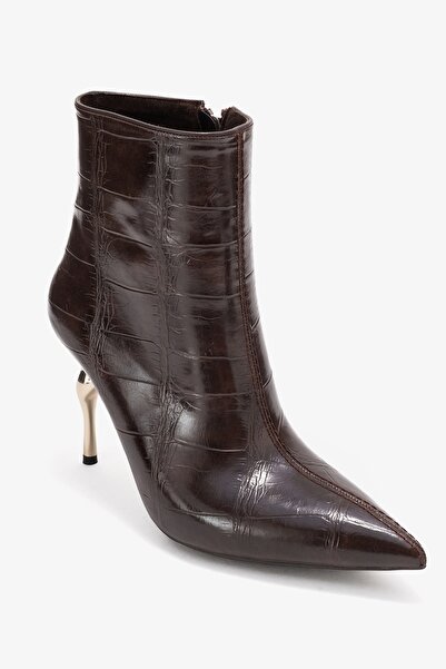 LuviShoes Γυναικείες μπότες με τακούνι CRISTA Brown Print με μυτερή μύτη