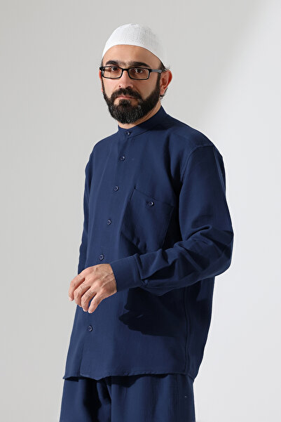 ihvan online Мъжка муселинова риза с дълги ръкави и изправен яка, облекло за хадж и умра - тъмносиньо (ANS)