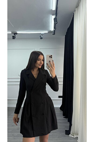 Daves Double-Breasted Cutout Pleated Detail Jacket Dress - Black
