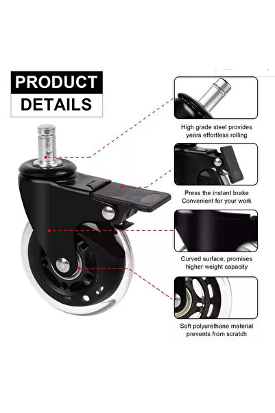 buz Set of 5 silicone caster wheels for office/gaming chair, 3 inch, with brake