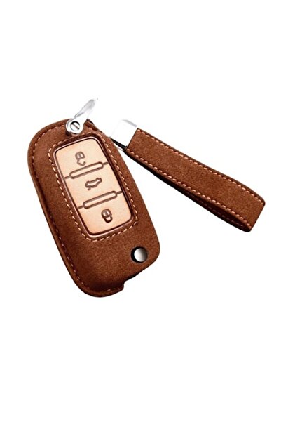OEM Brown Alcantara leather case with keyring for knife-type VW/Skoda/Seat key