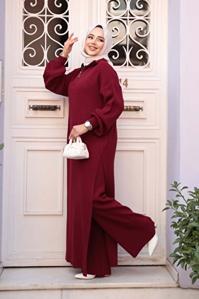 N.S NEVA STYLE Ribbed Burgundy Knitwear Hijab Double Set 17207Br