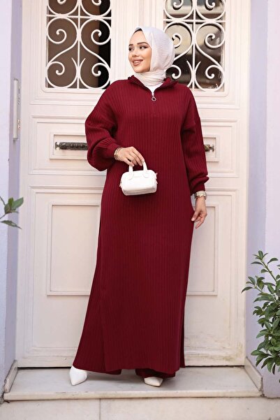N.S NEVA STYLE Ribbed Burgundy Knitwear Hijab Double Set 17207Br