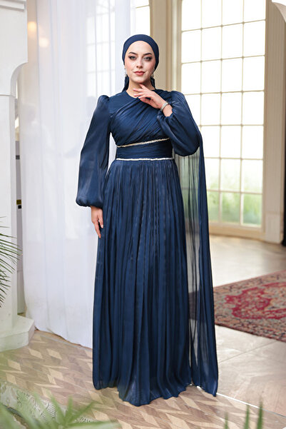 N.S NEVA STYLE - Βραδινό φόρεμα Hijab με λεπτομέρεια κάπας σε μπλε ναυτικό χρώμα 53021L