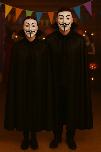 TOYFEST Cadılar Bayramı Vendetta Maske Ve Siyah YakalI Pelerin 120 Cm Kostüm Seti Parti Aksesuarı