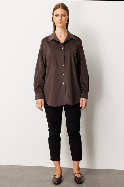 Ekol Women's Plus Size Slim Corduroy Shirt 3545 Brown