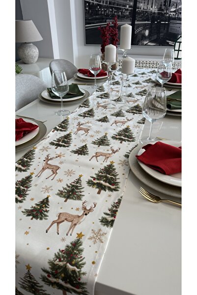 Decamor home Yeni Yıl Temalı Ceylan Desenli Beyaz Yeşil Bej Gold Detaylı Yılbaşı Runner ( PEÇETESİZ )