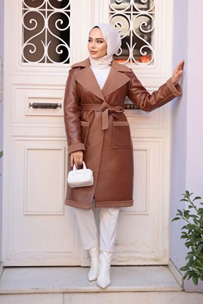 N.S NEVA STYLE Γούνινο Λεπτομερές Μαύρο Μαντίλι Τεχνητό Δερμάτινο Παλτό 62391ΤΒ