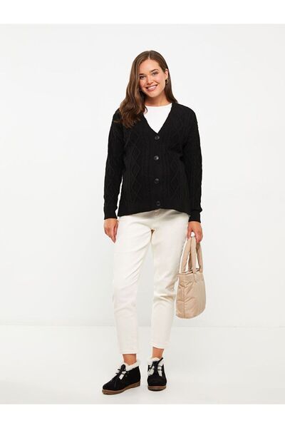 LC Waikiki V-Neck Self Patterned Long Sleeve Maternity Knitwear Cardigan