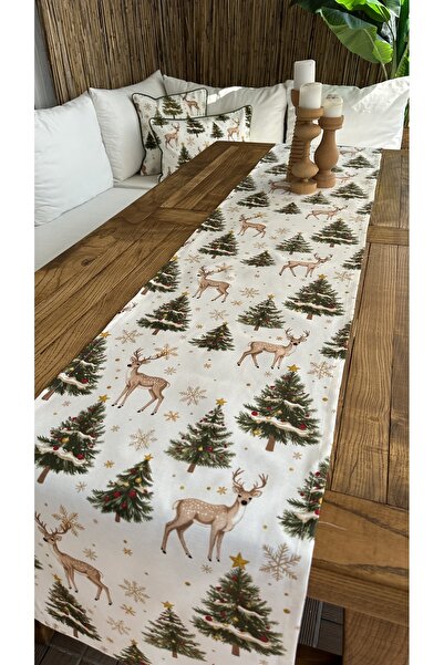 Decamor home Yeni Yıl Temalı Ceylan Desenli Beyaz Yeşil Bej Gold Detaylı Yılbaşı Runner ( PEÇETESİZ )