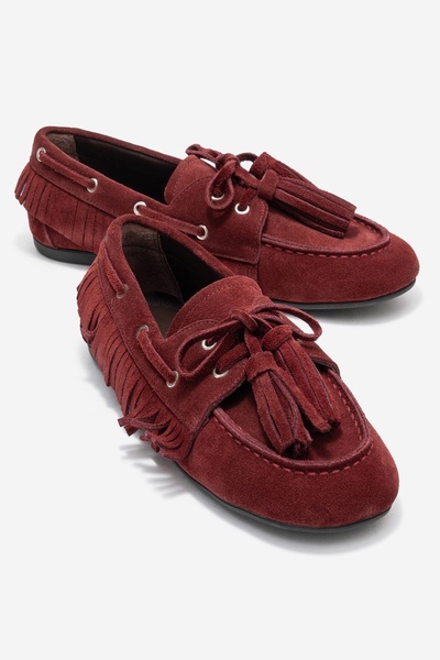 LuviShoes Fenora Burgundy Suede Genuine Leather Fringed Tassels Women Loafer Shoes