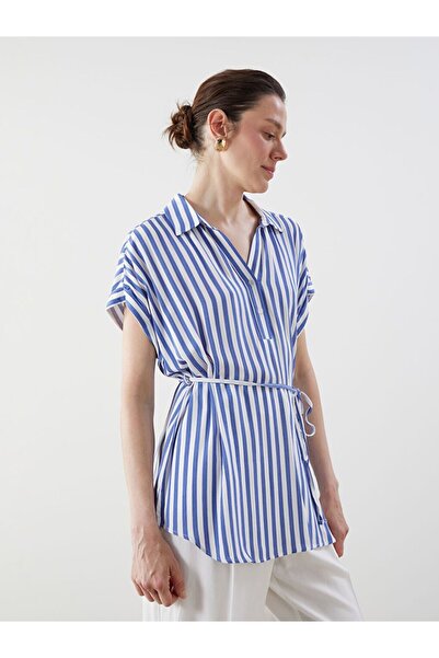 LC Waikiki Lcw Comfort Blue Casual Fit Women's Crinkle Waist Tie Shirt