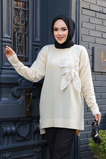 N.S NEVA STYLE Floral Detailed Mercerized Cream Hijab Knitwear Sweater Tunic 24330Kr