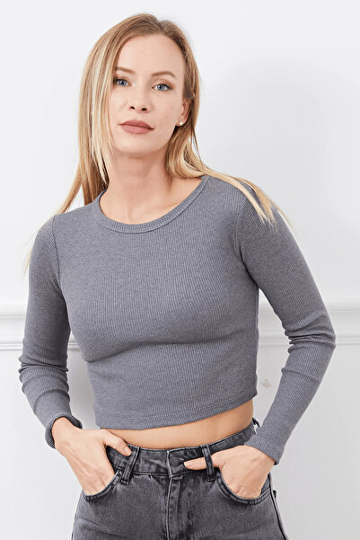 Kadın Rahat Esnek Uzun Kollu Dar Kalıp Bisiklet Yaka Gri Crop Body