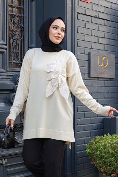 N.S NEVA STYLE Floral Detailed Mercerized Cream Hijab Knitwear Sweater Tunic 24330Kr